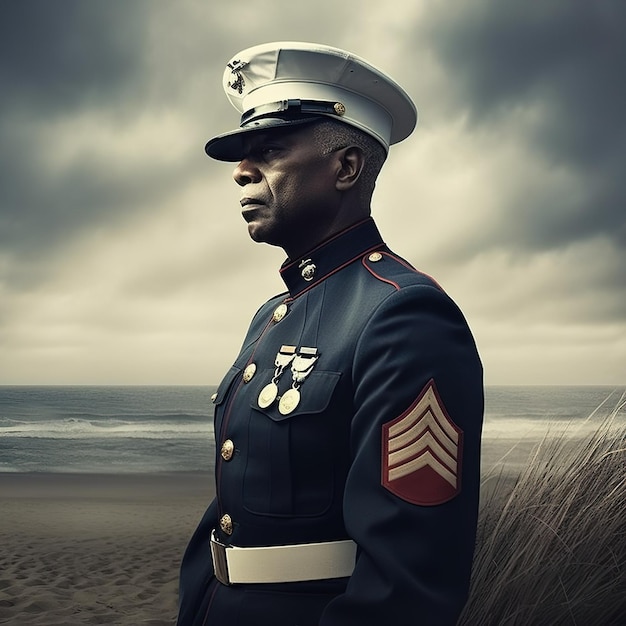 Memorial Day Um homem de uniforme azul está em uma praia com as palavras corpo de fuzileiros navais na frente