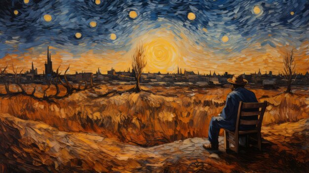 Memorias de Van Gogh Un paisaje impresionista fluido con un hombre en un banco