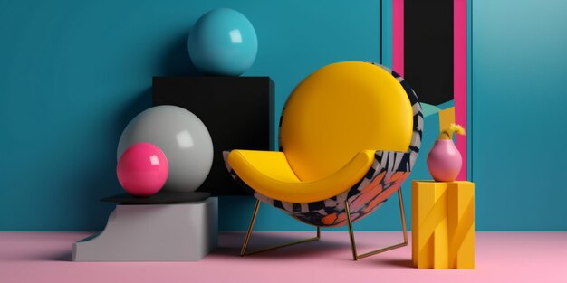 Foto memphis innenraum, farbenfroher raum, sessel, design, boden, sofa, kunst, geometrisch, zuhause, generative ki