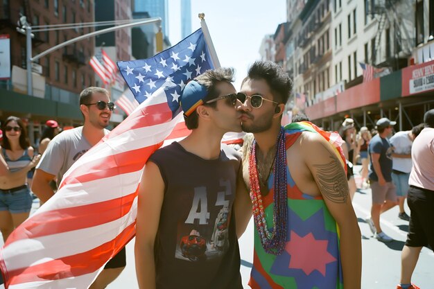 Foto men gays lgbt kissing guys with america flag celebrate 4 july or nyc pride parade at summer