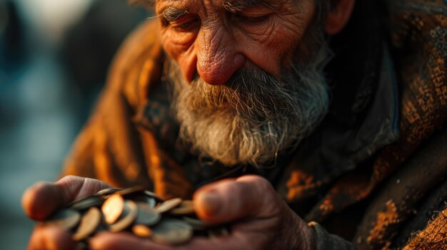 Un mendigo de la calle con manos sucias y monedas en la mano IA generativa