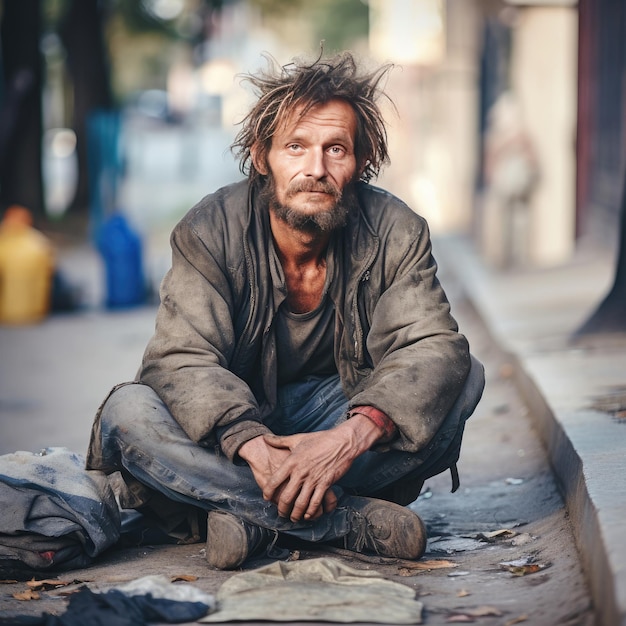 Foto un mendigo sin hogar sentado al aire libre en la ciudad pidiendo donación de dinero generative ai