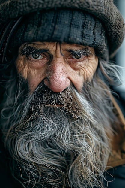 Mendigo sem-abrigo com barba longa e chapéu
