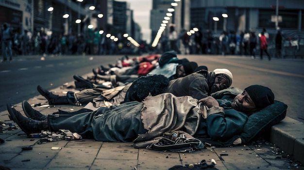 Mendigos deitados à beira da rua com roupas sujas.