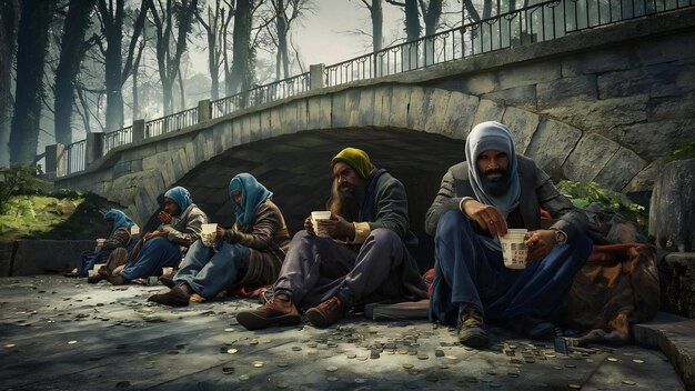 Los mendigos sentados bajo un puente con tazas tienen dinero.
