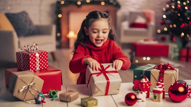 Foto menina a abrir presentes.