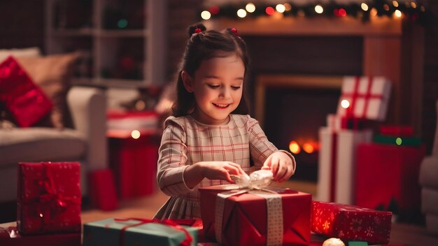 Foto menina a abrir presentes.