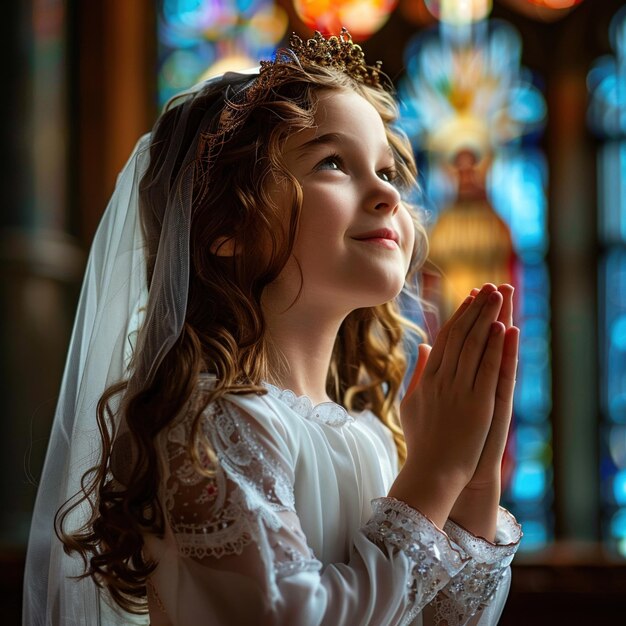 Foto menina a celebrar a primeira comunhão