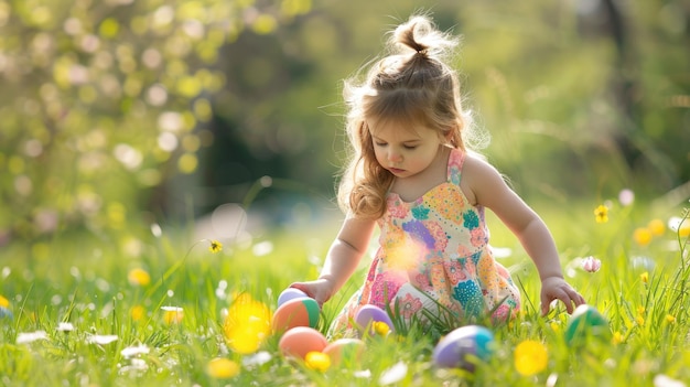 Menina a desfrutar da caça aos ovos de Páscoa em Sunny Meadow