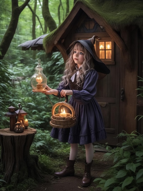 Menina à noite Uma casa fabulosa A menina segura uma lanterna velha e um urso de brinquedo Loja infantil