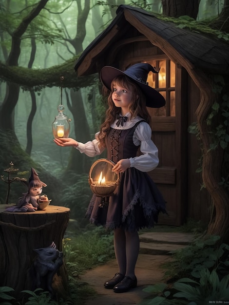 Menina à noite Uma casa fabulosa A menina segura uma lanterna velha e um urso de brinquedo Loja infantil