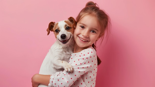 Menina abraçando seu cachorrinho em fundo rosa pastel