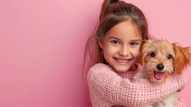 Menina abraçando seu cachorrinho em fundo rosa pastel