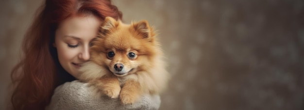 Menina abraçando seu cachorro favorito banner spitz alemão com espaço de cópia dia mundial dos animais AI gerado