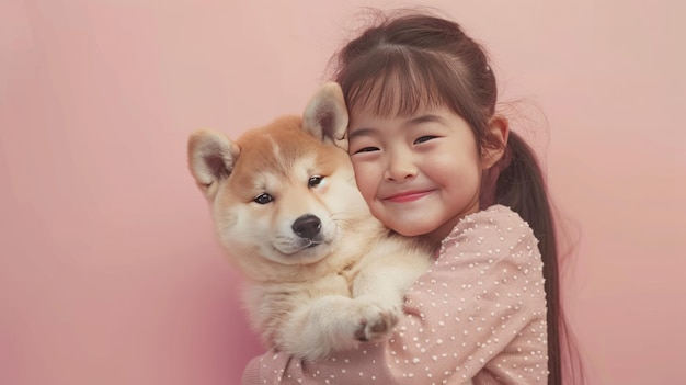 Menina abraçando seu pequeno cão akita inu em fundo rosa pastel