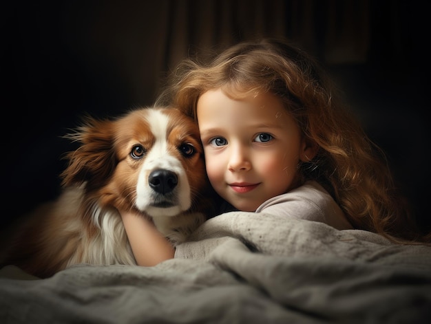 Menina abraçando um cachorro em casa