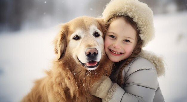 Menina abraçando um cachorro golden retriever durante uma caminhada na natureza de inverno