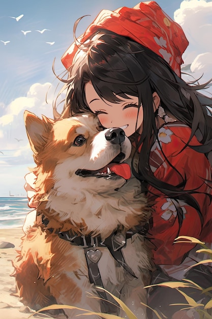 Menina abraçando um cão grande na praia ilustração de anime