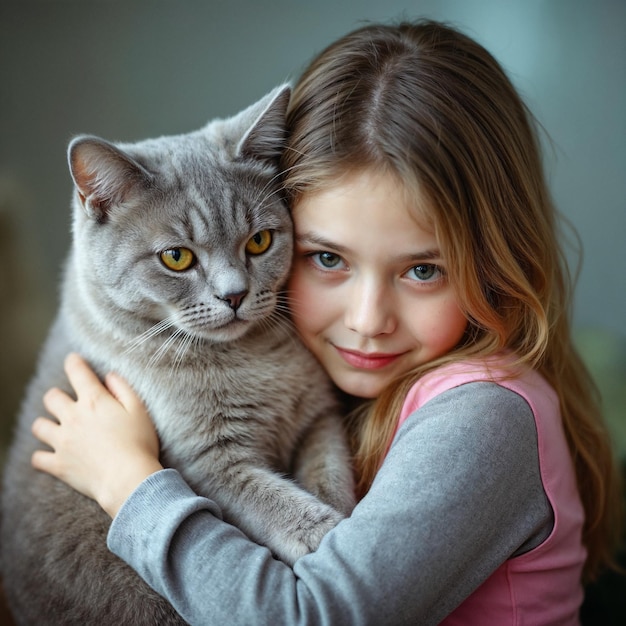 Menina abraçando um gato cinzento