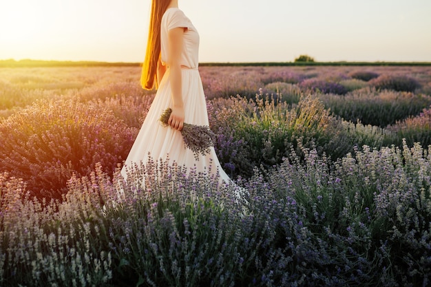 Menina admira o pôr do sol em campos de lavanda.