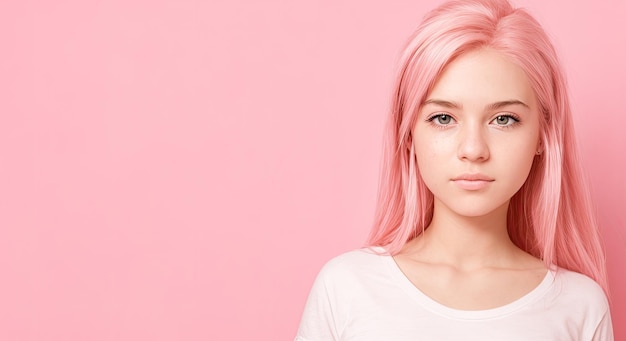 menina adolescente com cabelo rosa em fundo rosa como uma boneca Retrato de jovem com cabelo rosa Penteado e coloração de cabelo perfeitos IA generativa