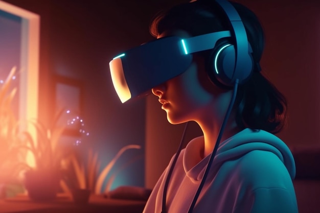Menina adolescente em óculos VR em casa criada com Generative AI Technology