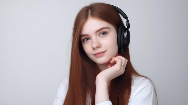 Menina adolescente positivamente atraente segurando um telefone grande enquanto usava fones de ouvido pano de fundo branco Generative AI