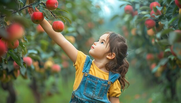 Menina adorável colhendo uma maçã de uma árvore vestindo um dungarees Crianças colhendo frutas orgânicas Crianças frutas saudáveis na colheita no outdoors divertido para crianças