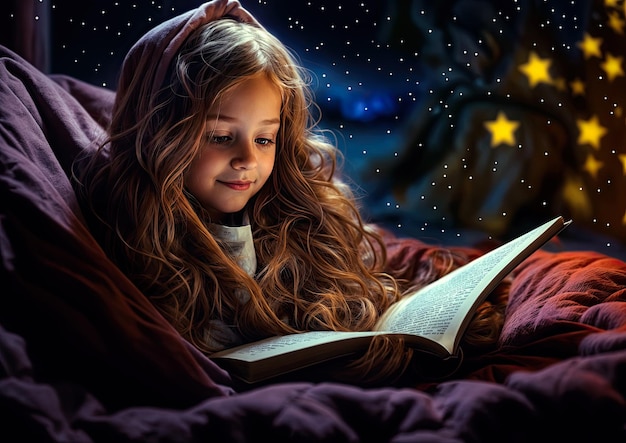 Menina adorável lendo um livro na cama à noite conceito de Natal e Ano Novo