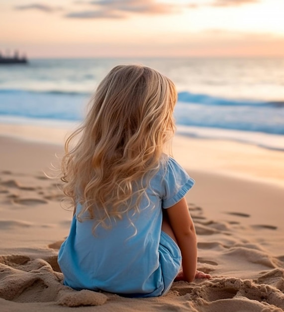Menina adorável na praia tropical durante o pôr-do-sol Férias de verão e conceito de viagem