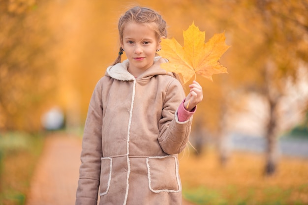 Menina adorável no lindo dia de outono ao ar livre