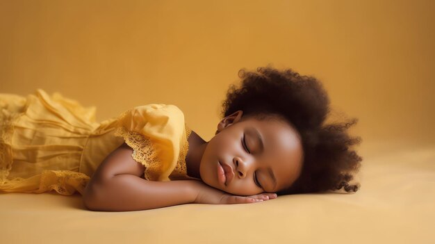 Menina africana bonita deitada no chão dormindo com os olhos fechados em fundo de cor amarela clara