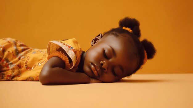 Menina africana bonita deitada no chão dormindo com os olhos fechados em fundo de cor amarela clara