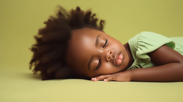 Menina africana bonita deitada no chão dormindo com os olhos fechados em fundo de cor verde claro