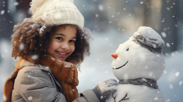 Menina africana construindo boneco de neve no parque no inverno