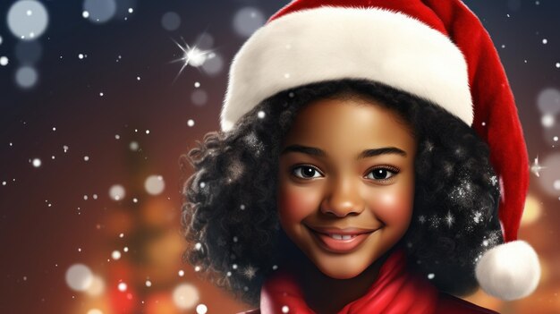 Menina africana sorrindo com o chapéu vermelho de Papai Noel no desenho de fundo de Natal gerado por IA