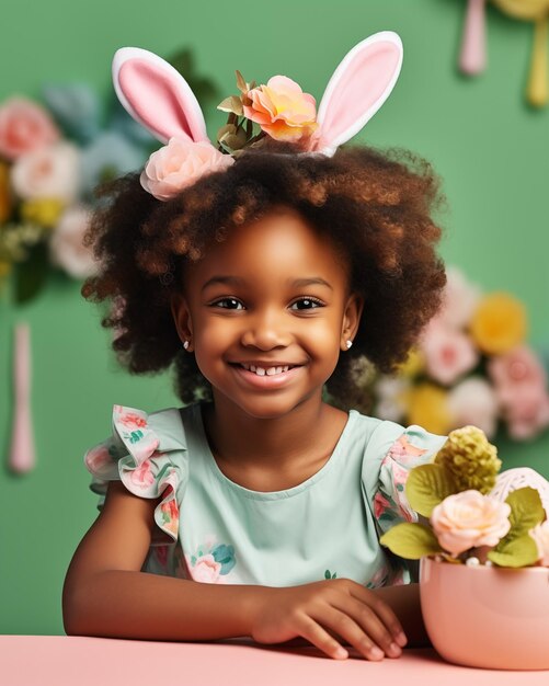 Menina afro-americana com cabelos encaracolados e orelhas de coelho sorrindo conceito de Páscoa