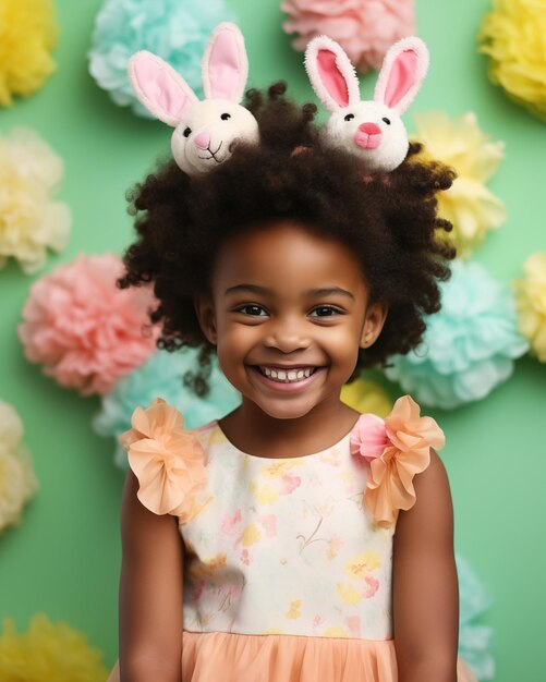 Menina afro-americana com cabelos encaracolados e orelhas de coelho sorrindo conceito de Páscoa