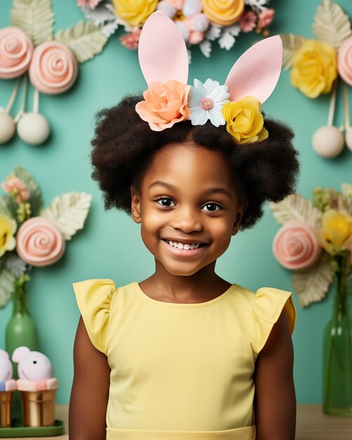Menina afro-americana com cabelos encaracolados e orelhas de coelho sorrindo conceito de Páscoa