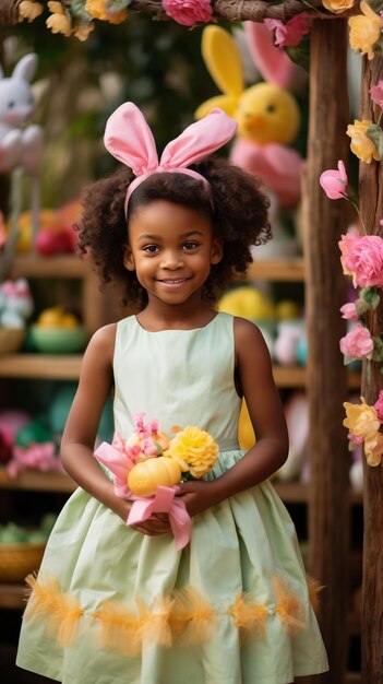 Menina afro-americana com cabelos encaracolados e orelhas de coelho sorrindo conceito de Páscoa