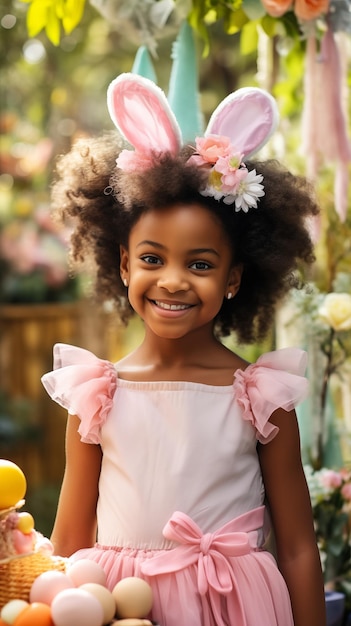 Menina afro-americana com cabelos encaracolados e orelhas de coelho sorrindo conceito de Páscoa