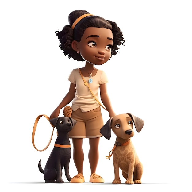 Menina afro-americana com seus cães em 3D isolada em fundo branco