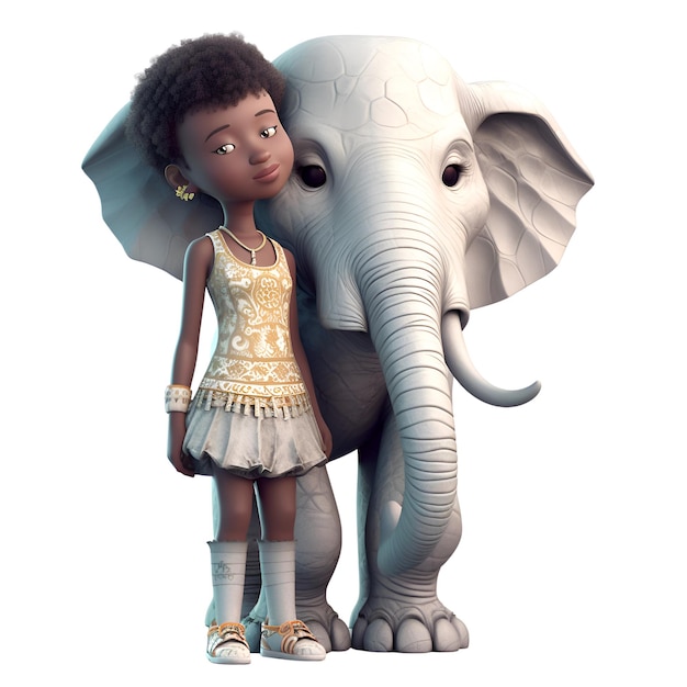 Foto menina afro-americana com um elefante isolado em fundo branco ilustração 3d