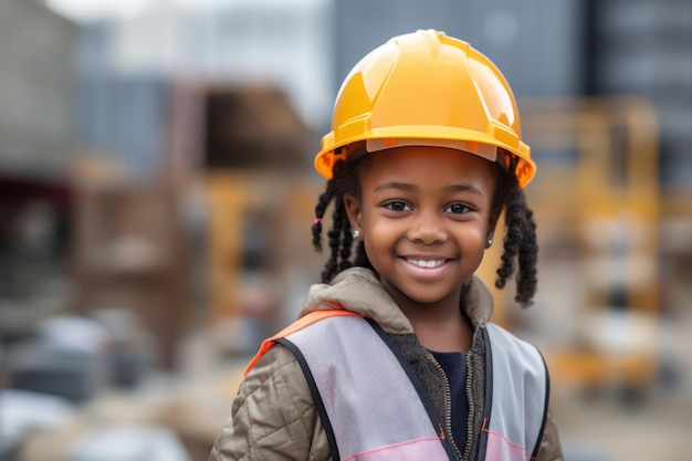 Menina afro-americana feliz em um chapéu de engenheiro em um canteiro de obras processo de trabalho construção de uma casa