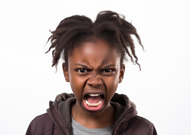 Foto menina afro-americana gritando com raiva isolada em fundo branco ai generativa