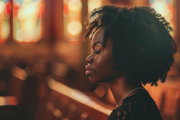 Menina afro-americana orando na igreja