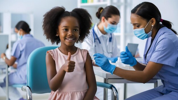 Menina afro-americana recebendo a vacina contra a covid-19 em uma clínica médica