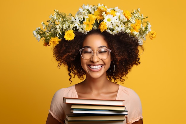Menina afro-americana sorridente abraçando a educação com livros generativos de Ai