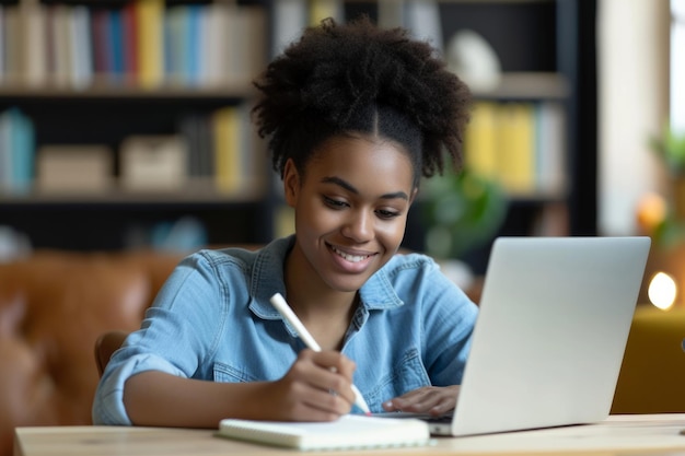 Menina afro-americana sorridente estudando com um computador portátil Menina adolescente sentada em sua mesa e escrevendo em um caderno Estudante fazendo seu trabalho de casa ou aprendendo on-line