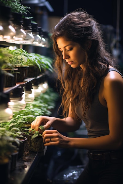 menina agricultora trabalha em uma fazenda em um laboratório de estufa para cultivar maconha legal para uso medicinal